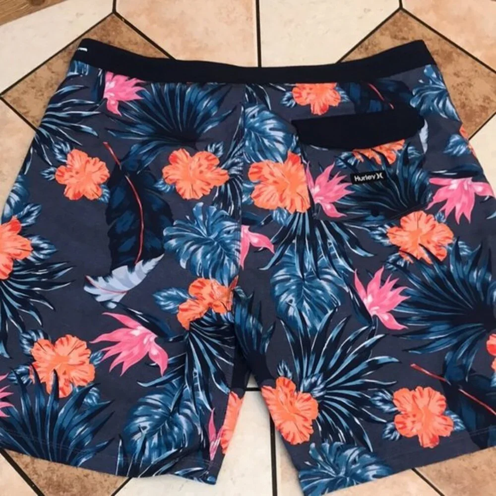 Hurley Men's Board Shorts Floral Tropical‎ Hibiscus Swim Trunks Blue 36